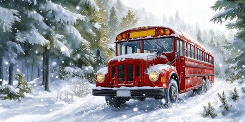 A festive Christmas card featuring a red school bus in a winter forest.