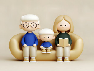 3D family illustration with grandparents and child reading together on a cozy sofa