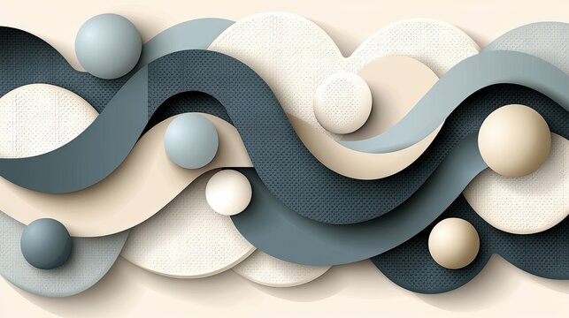 An abstract 3D composition featuring layered wavy shapes in various shades of blue, beige, and white, with spheres scattered throughout, set against a neutral b - Powered by Adobe