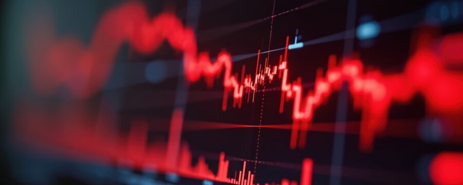 Digital screen shows red downward trending line graph. Financial charts data displays sharp fall in earnings, indicating market crisis or recession.
