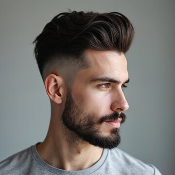 Young man features trendy fade haircut and stylish beard. He poses in profile, looking to the side. Fashionable guy has modern male grooming. His clean cut and well styled hair show a modern look.