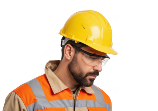 A focused construction worker wearing a yellow hard hat and safety glasses with an orange reflective vest isolated on transparent background