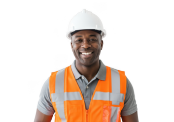 A smiling black man wearing a white hard hat and an orange safety vest isolated on transparent background