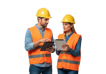 Two construction workers wearing hard hats and safety vests discussing plans on a tablet isolated on transparent background