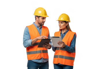 Two construction workers wearing hard hats and safety vests discussing plans on a tablet isolated on transparent background