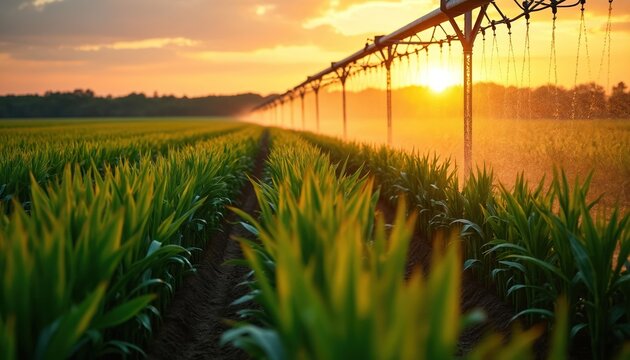 Cornfield being irrigated by a long irrigation system at sunset. Green corn plants grow in rows. Water droplets fall from the irrigation pipes. Orange sun sets behind trees in the background.