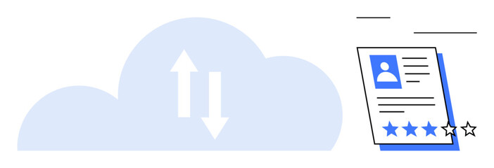 Cloud with arrows symbolizing upload and download next to a user profile card showing ratings. Ideal for technology, data exchange, feedback systems, user evaluation, digital marketing, customer
