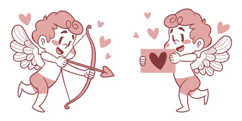 Cute cupid characters with heart bow and love letter vector illustrations