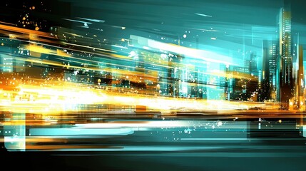 An abstract illustration of a cityscape with motion lines, glowing lights, and a futuristic feel.