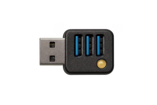 Black three-port usb hub connecting multiple devices - Powered by Adobe