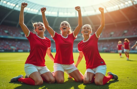 Three female soccer players in red uniforms celebrate win on green grass field. Young women cheer with arms raised, fists pumped, showing victory in stadium. Friends enjoy success together on match