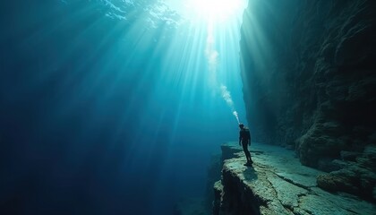 Scuba diver explores underwater cliff edge. Person stands on rock ledge, peers into deep blue ocean. Sunlight beams cut through clear water. Diver exhales bubbles into dark depths. Adventure,