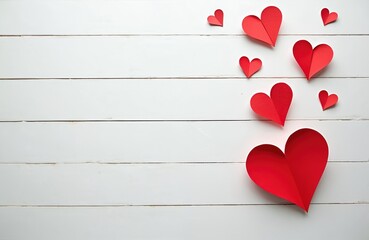 Red paper hearts arranged on white wooden surface. Romantic design for Valentine day, wedding or love. Top view photo with copy space for text. Holiday concept.