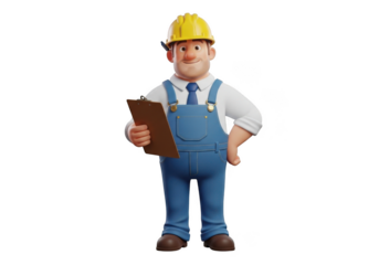Friendly cartoon construction worker character wearing blue overalls and yellow hard hat holding clipboard isolated on transparent background