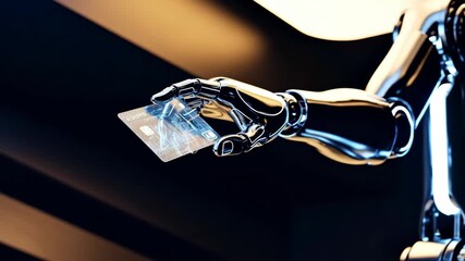 Robotic hand holding futuristic transparent credit card, representing AI shopper concept for digital payment and finance footage - Powered by Adobe