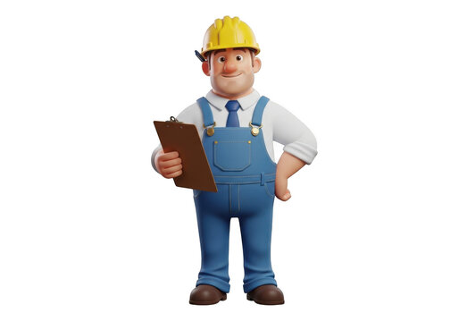 Friendly cartoon construction worker character wearing blue overalls and yellow hard hat holding clipboard isolated on transparent background