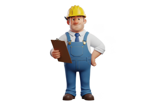 Friendly cartoon construction worker character wearing blue overalls and yellow hard hat holding clipboard isolated on transparent background - Powered by Adobe
