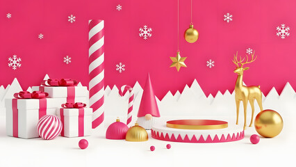 3d render christmas product display with gold reindeer gnome gifts and podium on hot pink background for holiday sale banner