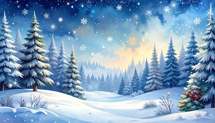 Obraz premium Winter wonderland scene of snow covered hills and pine trees with a bright sky and falling snow
