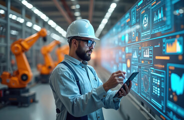 Engineer uses tablet in high tech factory with robotic arms. Man in hardhat checks automation screen with dashboard charts, data. Modern industrial tech, smart manufacturing, robotic technology.