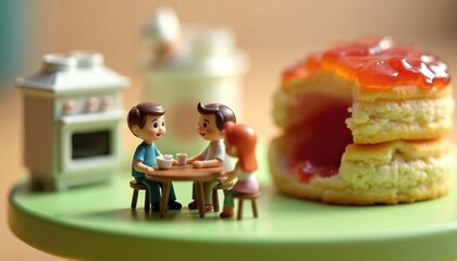 Miniature figures of a couple and chef at table with strawberry jam cake. Figures sit, talk near toy stove, discuss meal prep, share sweet dessert.