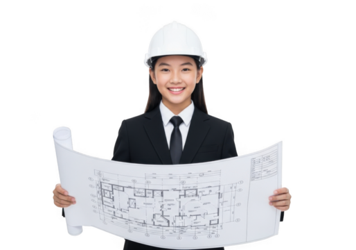 Young asian architect wearing hard hat and suit holding blueprint plans isolated on transparent background