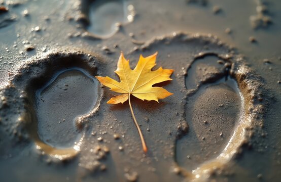 Vibrant yellow maple leaf rests on wet, muddy ground. Deep animal bird footprints visible in soft earth. Small water puddles fill natural impressions after recent rain. Outdoor autumn scene shows - Powered by Adobe