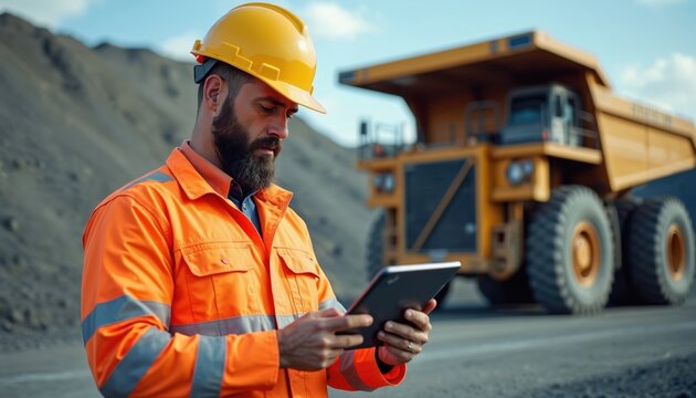 Man in yellow hard hat and orange vest uses tablet computer. Big yellow mining truck stands behind him on dusty ground. Worker controls site operations outdoors.