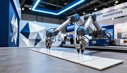 Detailed medium shot of a robotic system performing repetitive tile placement in an exhibition center illustrating modern innovation in construction workflows.
