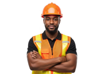 A confident construction worker wearing an orange hard hat and a bright yellow safety vest with arms crossed isolated on transparent background