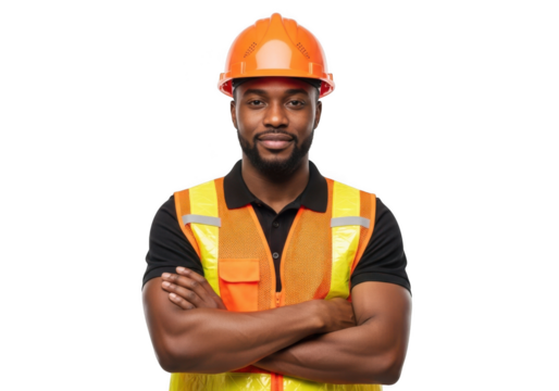 A confident construction worker wearing an orange hard hat and a bright yellow safety vest with arms crossed isolated on transparent background