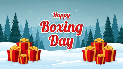 Happy boxing day greeting with festive red gift boxes in a snowy forest setting
