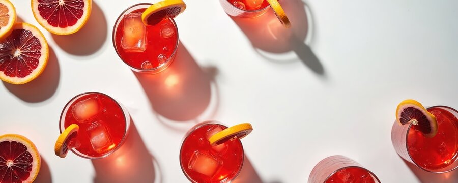 Flat lay photo shows multiple red Negroni cocktails with ice cubes, blood orange slices. Refreshing drinks artfully arranged on clean white background with long, striking shadows. Fresh orange halves - Powered by Adobe