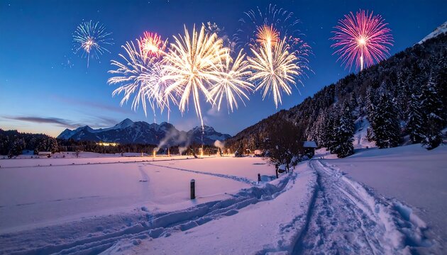 Winter wonderland with fireworks illuminating snow covered field and mountain at dusk with pathway leading towards village