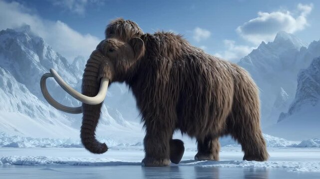 A large elephant with a tusk is standing in a snowy landscape. The scene is serene and peaceful, with the elephant being the main focus of the image