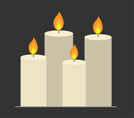 Fototapeta premium Cuatro velas encendidas en fondo oscuro ilustración vectorial plana de ambiente cálido