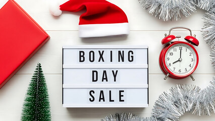 Boxing day sale announcement with christmas decorations and alarm clock