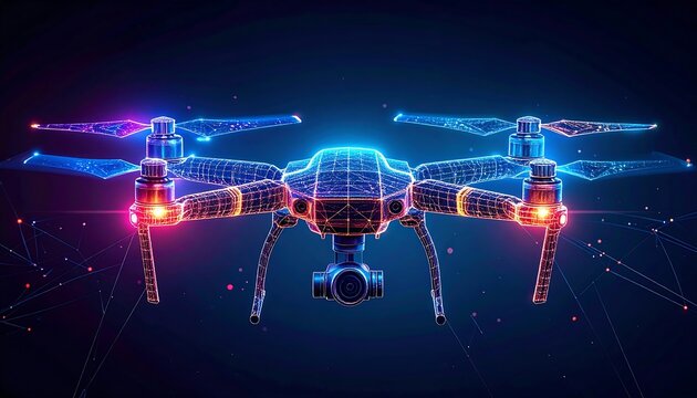 Wireframe drone against a dark background with blue, red, and orange glowing lights and digital-like aesthetic
