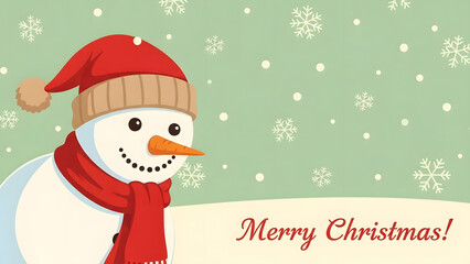 Cute vintage snowman illustration with red santa hat and scarf on mint green background with snowflakes for greeting card