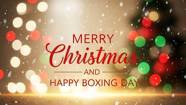 Merry christmas and happy boxing day with festive bokeh lights and christmas tree