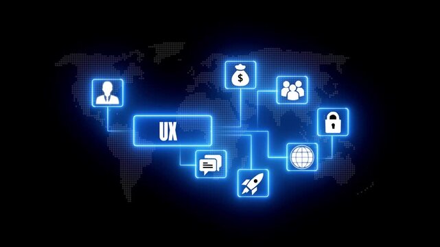 U X user experience design process flowchart icons connecting to global network and business growth concepts on digital world map background.4K