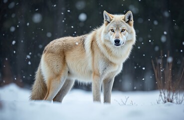 Obraz premium Arctic wolf stands in snowy forest. White, beige fur animal looks directly at camera. Snowflakes fall on wild predator in winter landscape. Majestic canine observes surroundings in cold weather. Wild