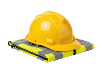 Bright yellow construction hard hat resting on a folded high visibility safety vest isolated on transparent background