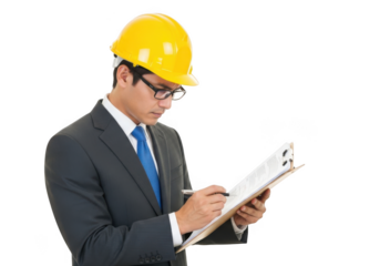 Asian male professional wearing a yellow hard hat and suit writing on a clipboard isolated on transparent background