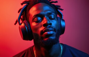 Young man with dreadlocks wears headphones on red background. Listens to music with eyes closed enjoying sound. Modern tech, vibrant colors create stylish atmosphere. Male model with beard, necklace