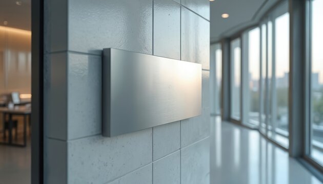 Blank rectangular metal plate on a tiled wall in a modern office lobby. Clean polished surface reflects soft light. Large windows overlook city buildings.