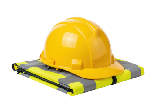Bright yellow construction hard hat resting on a folded high visibility safety vest isolated on transparent background