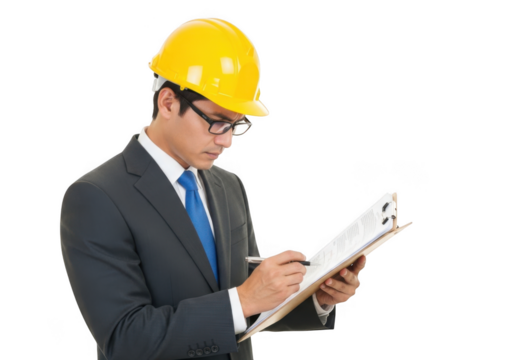 Asian male professional wearing a yellow hard hat and suit writing on a clipboard isolated on transparent background
