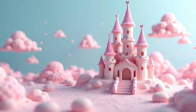 Pink fairytale castle rests on candy land with soft pink clouds floating in pastel blue sky. Whimsical fantasy architecture evokes sweet dreams and magical adventures.