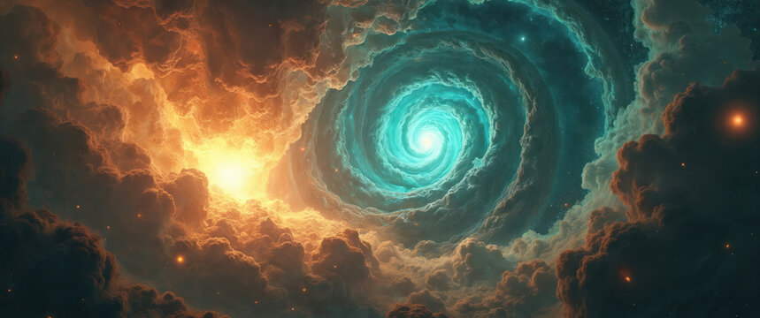 Surreal cosmic vortex with glowing light at center. Abstract nebula clouds swirl in deep space. Fiery orange meets cool blue hues. Stars twinkle in dark universe.